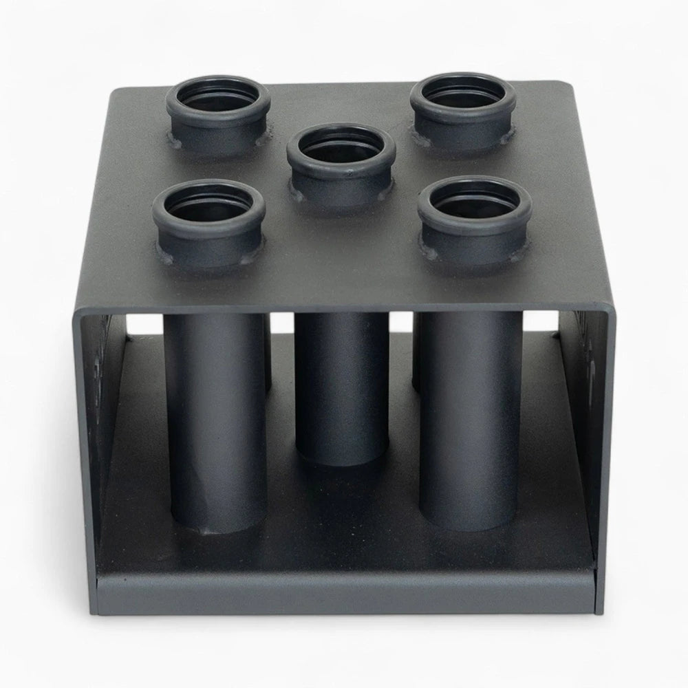 Black metal stand with multiple cylindrical holes on a white background