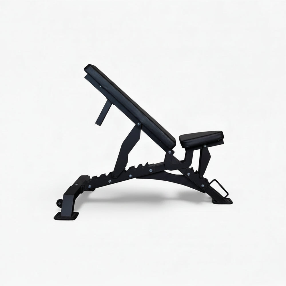 Black adjustable weight bench on a white background