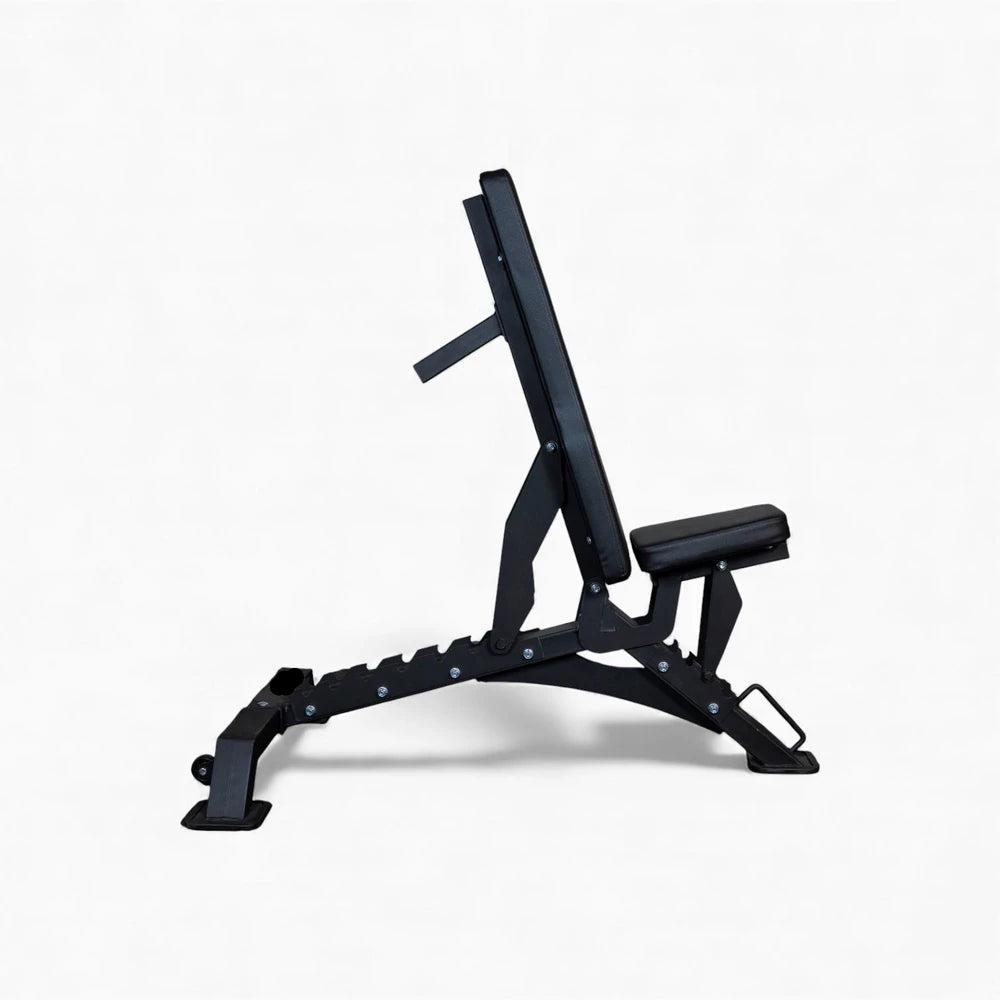 Black weight bench on a white background
