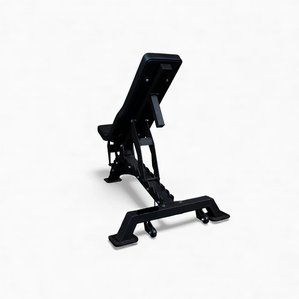 Black adjustable weight bench on a white background