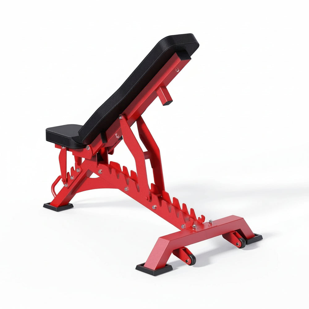 Red and black adjustable weight bench on a white background