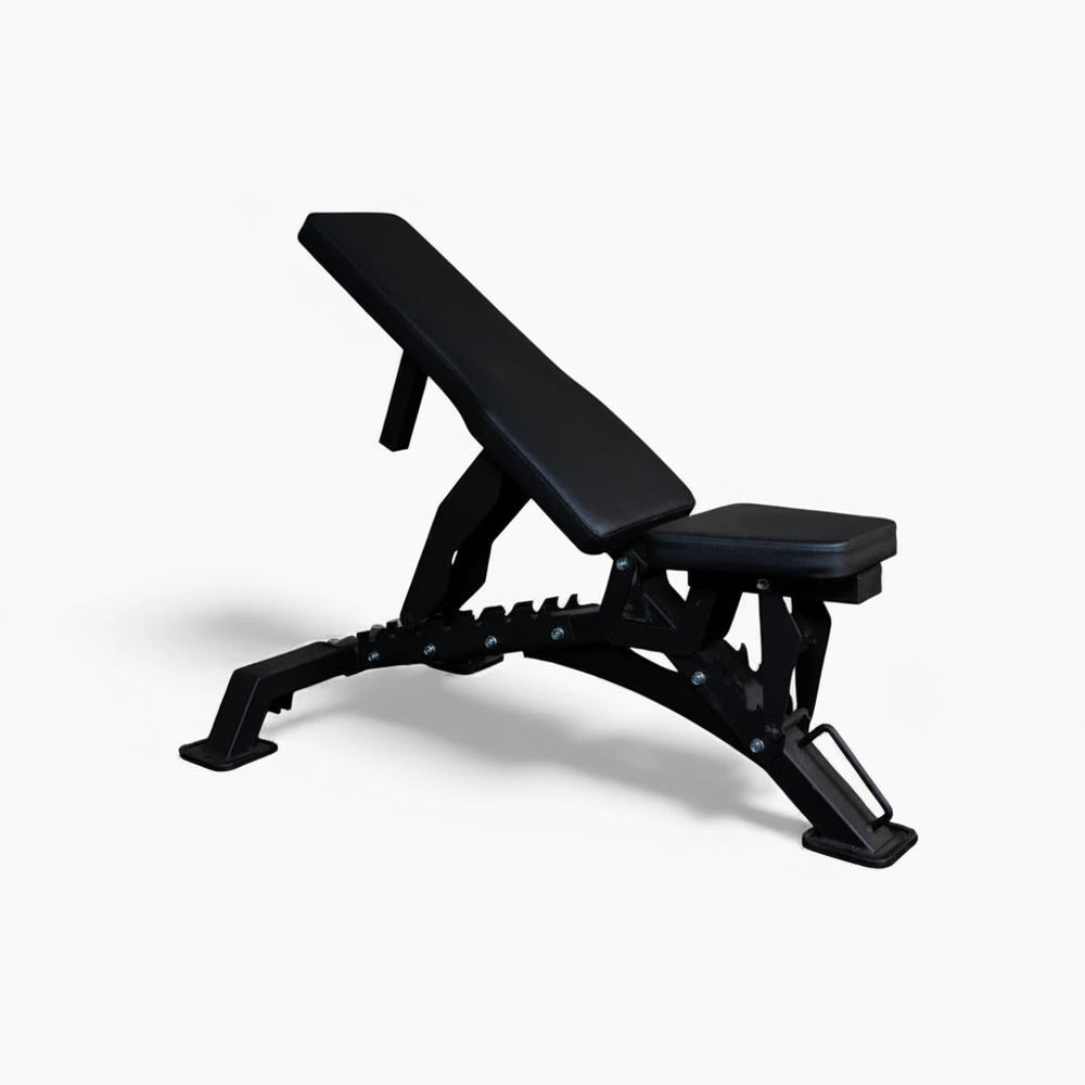 Black adjustable weight bench on a white background