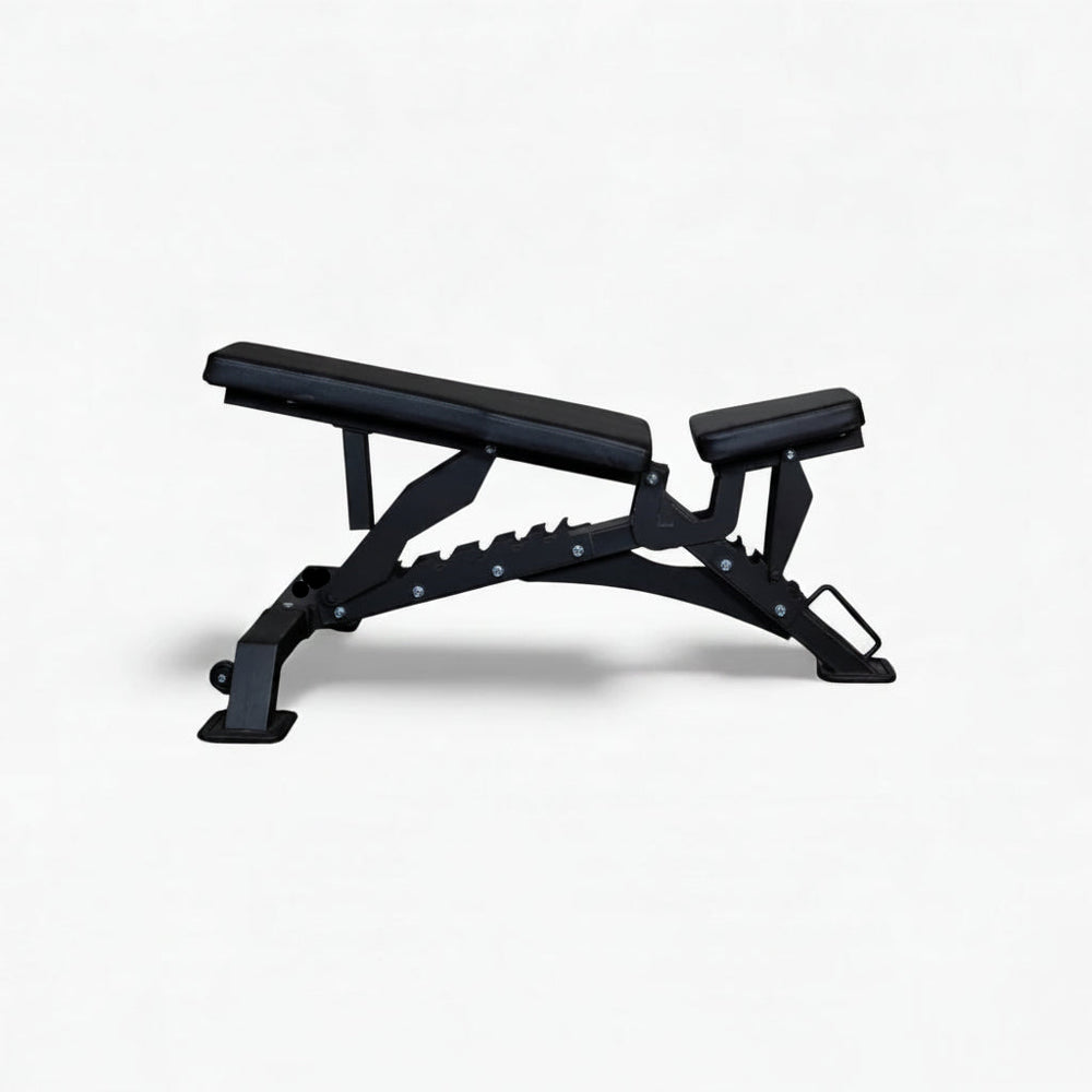 Black adjustable weight bench on a white background
