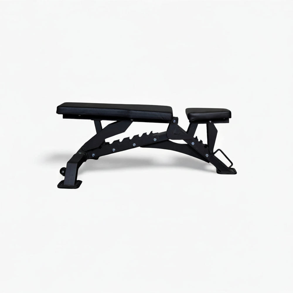 Black adjustable weight bench on a white background