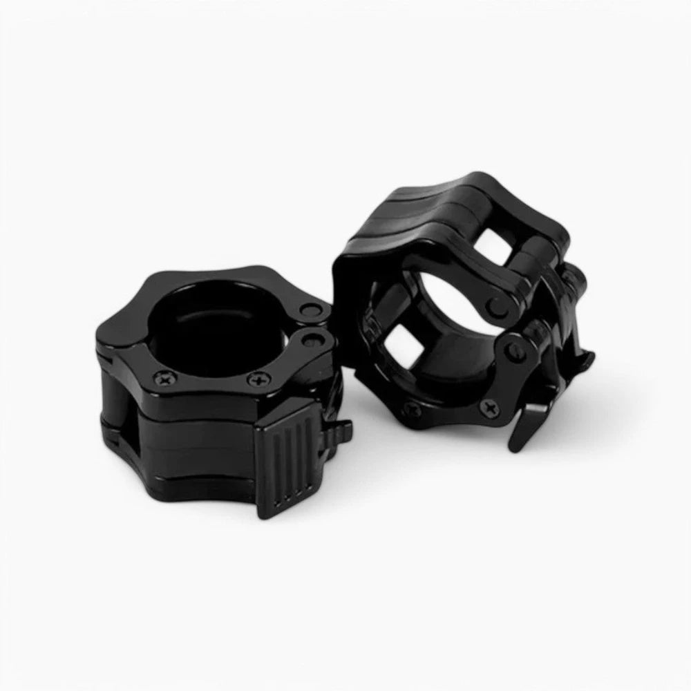 Two black barbell clamps on a white background - Cheap Barbell | Gym Superstore