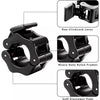 Black adjustable gym bar collars with labelled features on a white background