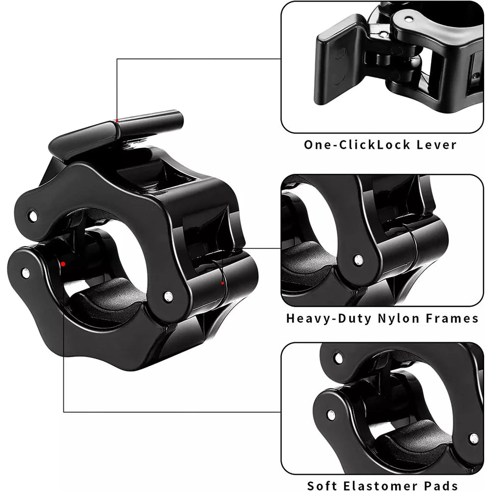 Black adjustable gym bar collars with labelled features on a white background