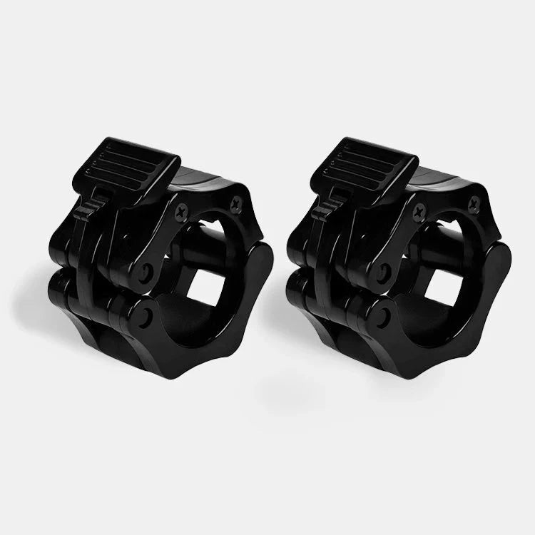 Two black metal fitness barbell collars on a white background