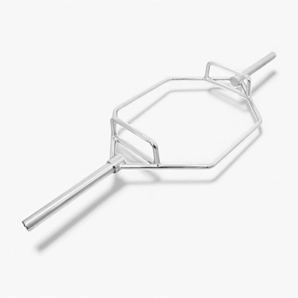 Silver hexagonal barbell on a white background