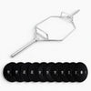 Set of weight plates and a barbell on a white background