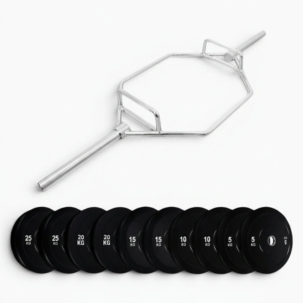 Set of weight plates and a barbell on a white background