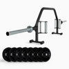 Gym equipment including a barbell and weight plates on a white background