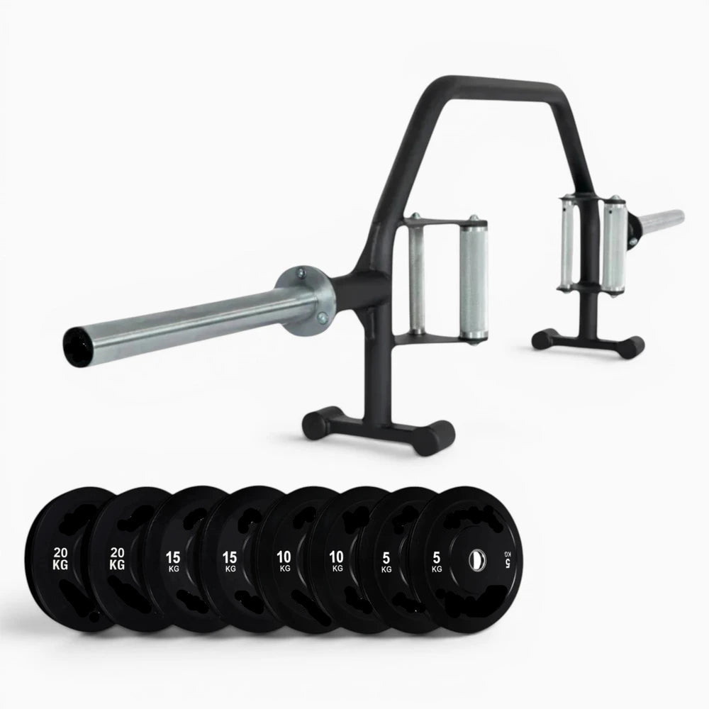 Gym equipment including a barbell and weight plates on a white background