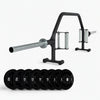 Gym barbell and weight plates on a white background