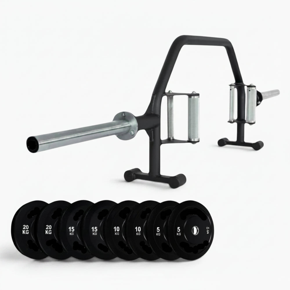Gym barbell and weight plates on a white background