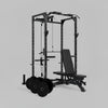 Black weightlifting cage with bench and weights on a white background