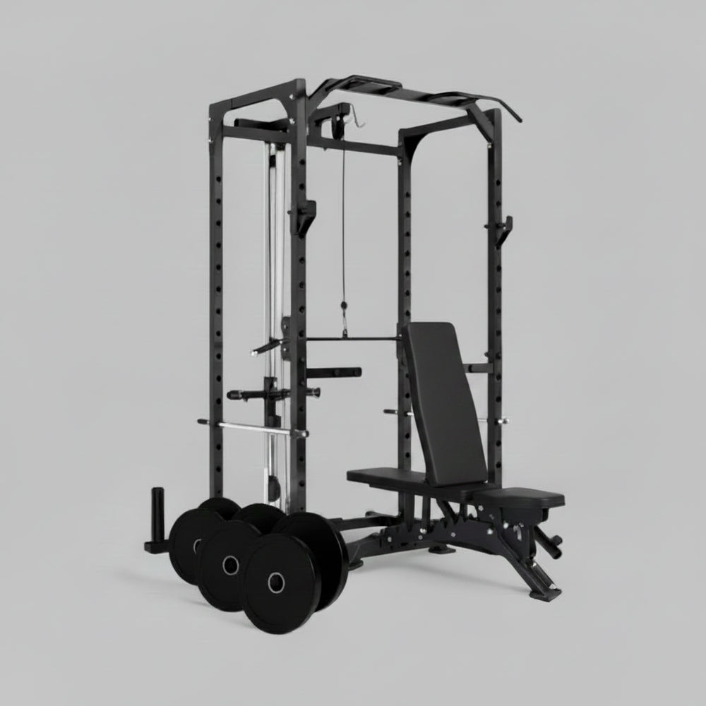 Black weightlifting cage with bench and weights on a white background
