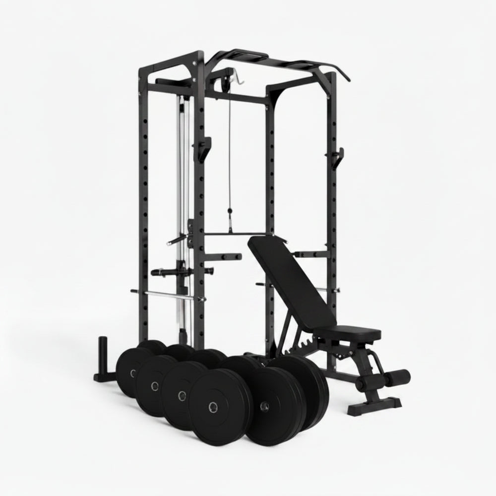 Black fitness power rack with weight plates on a white background