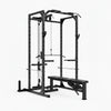 Black weightlifting cage with bench on a white background