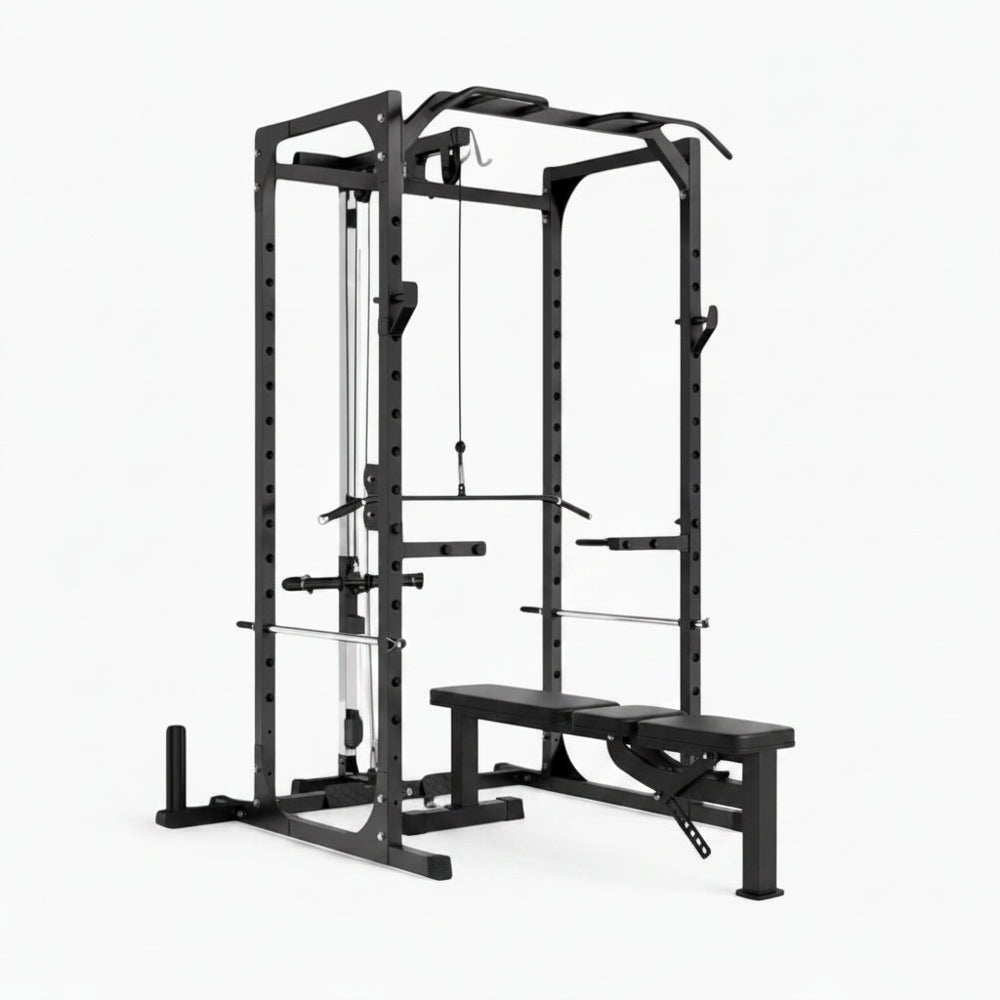 Black weightlifting cage with bench on a white background