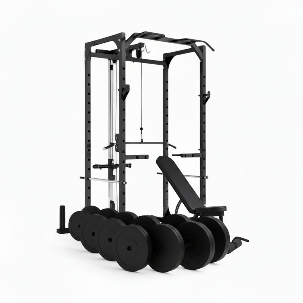Gym power rack with weight plates on a white background