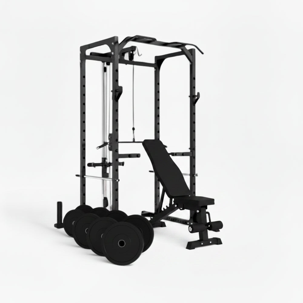 Black weightlifting cage with bench and weight plates on a white background