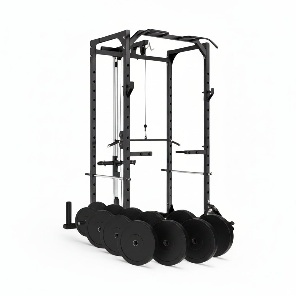 Black weightlifting power rack with attached weight plates on a white background