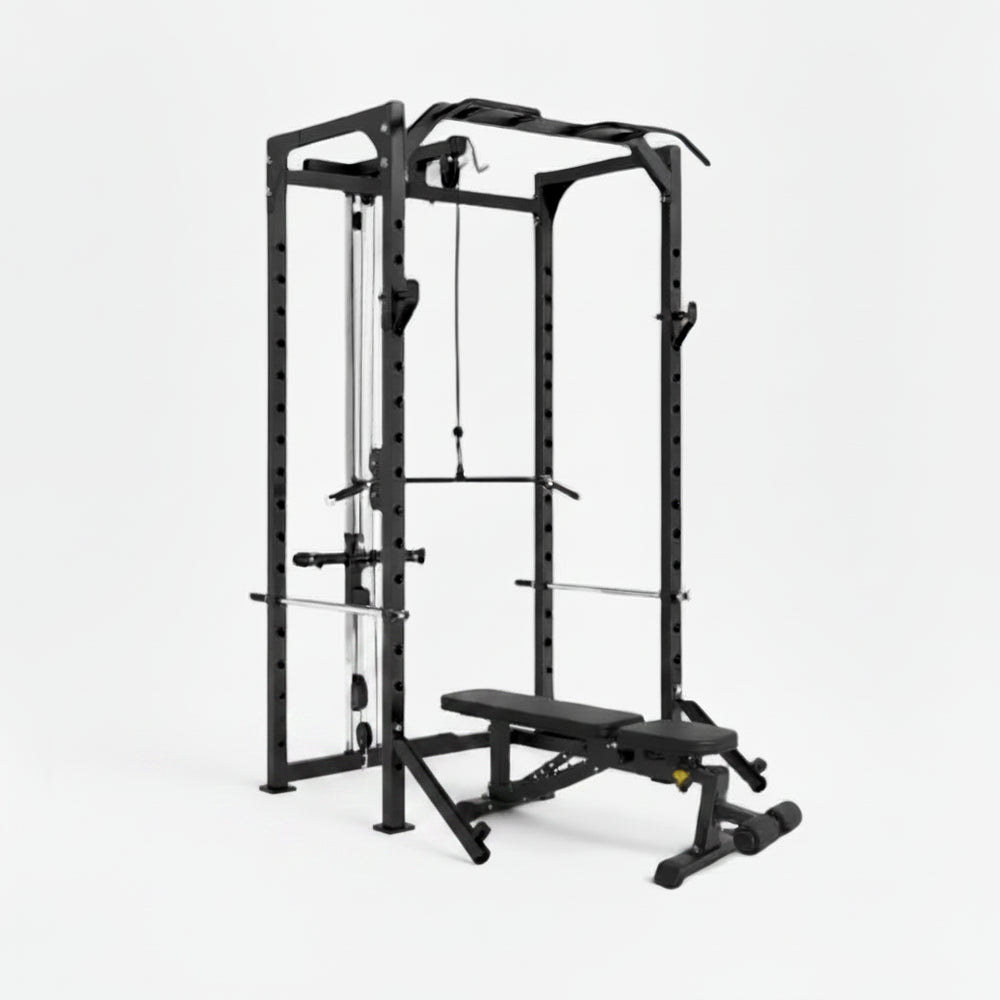 Black weightlifting cage with bench and weights on a white background