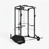 Black power rack with weight plates on a white background