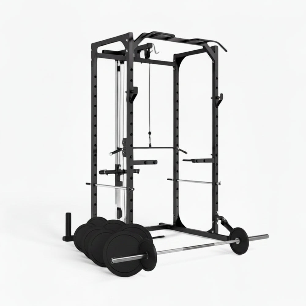 Black power rack with weight plates on a white background