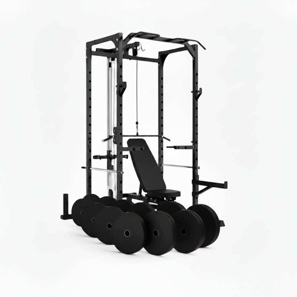 Gym power rack with weight plates on a white background