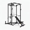 Black weightlifting power rack with bench on a white background