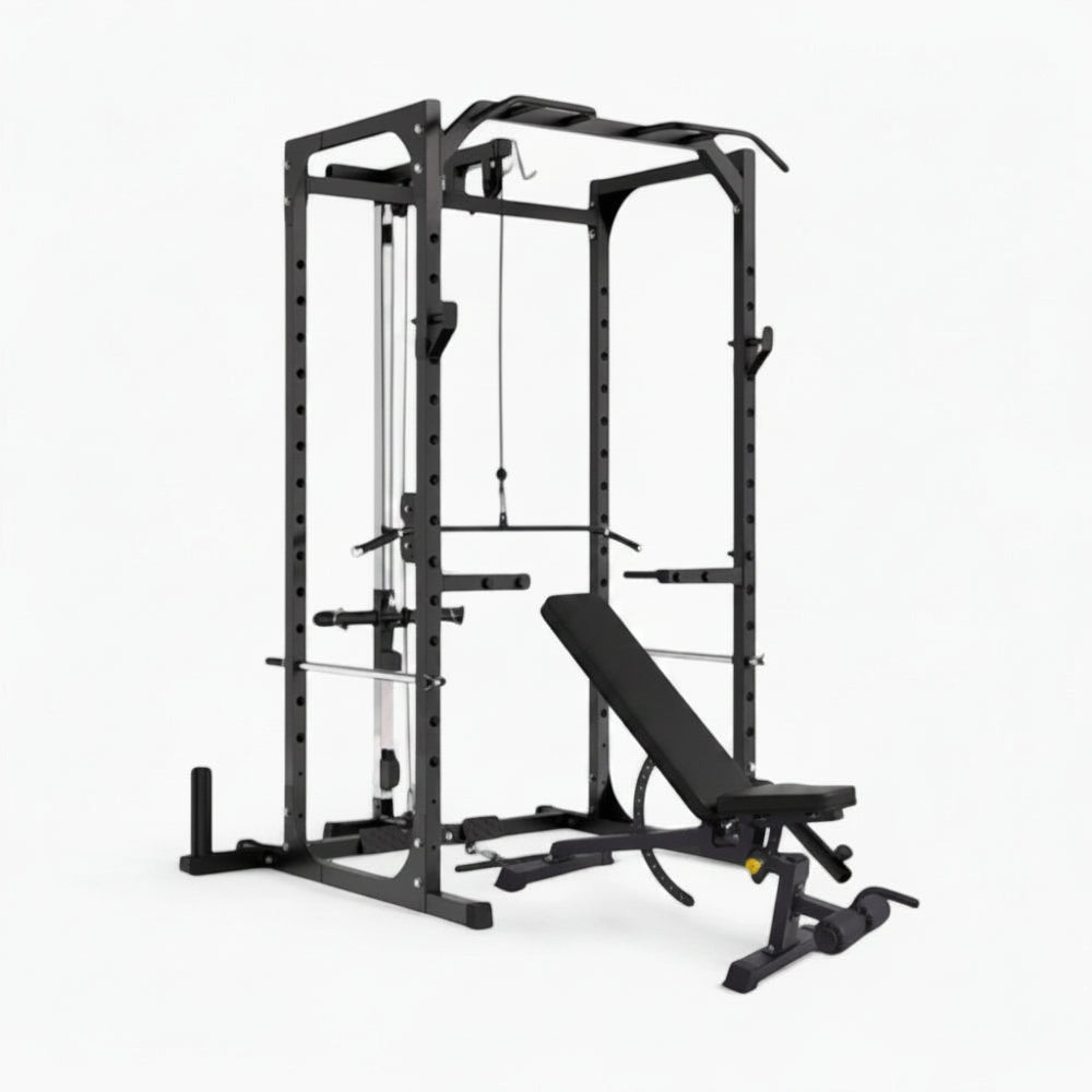 Black weightlifting power rack with bench on a white background