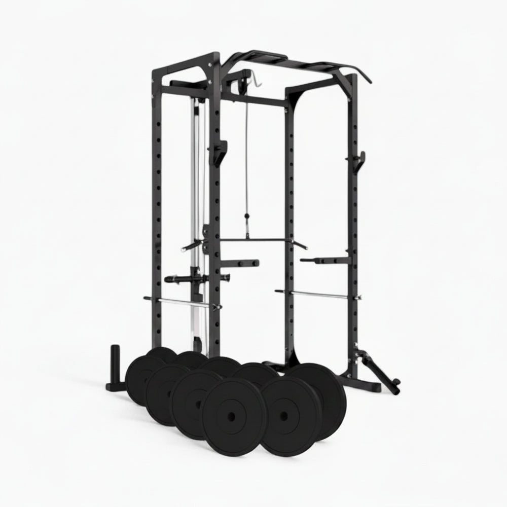 Black power rack with weight plates on a white background