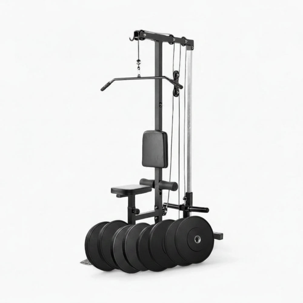 Gym machine with weight plates on a white background