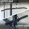 Gym equipment with upper and lower bars for lat pulldowns and low rows.