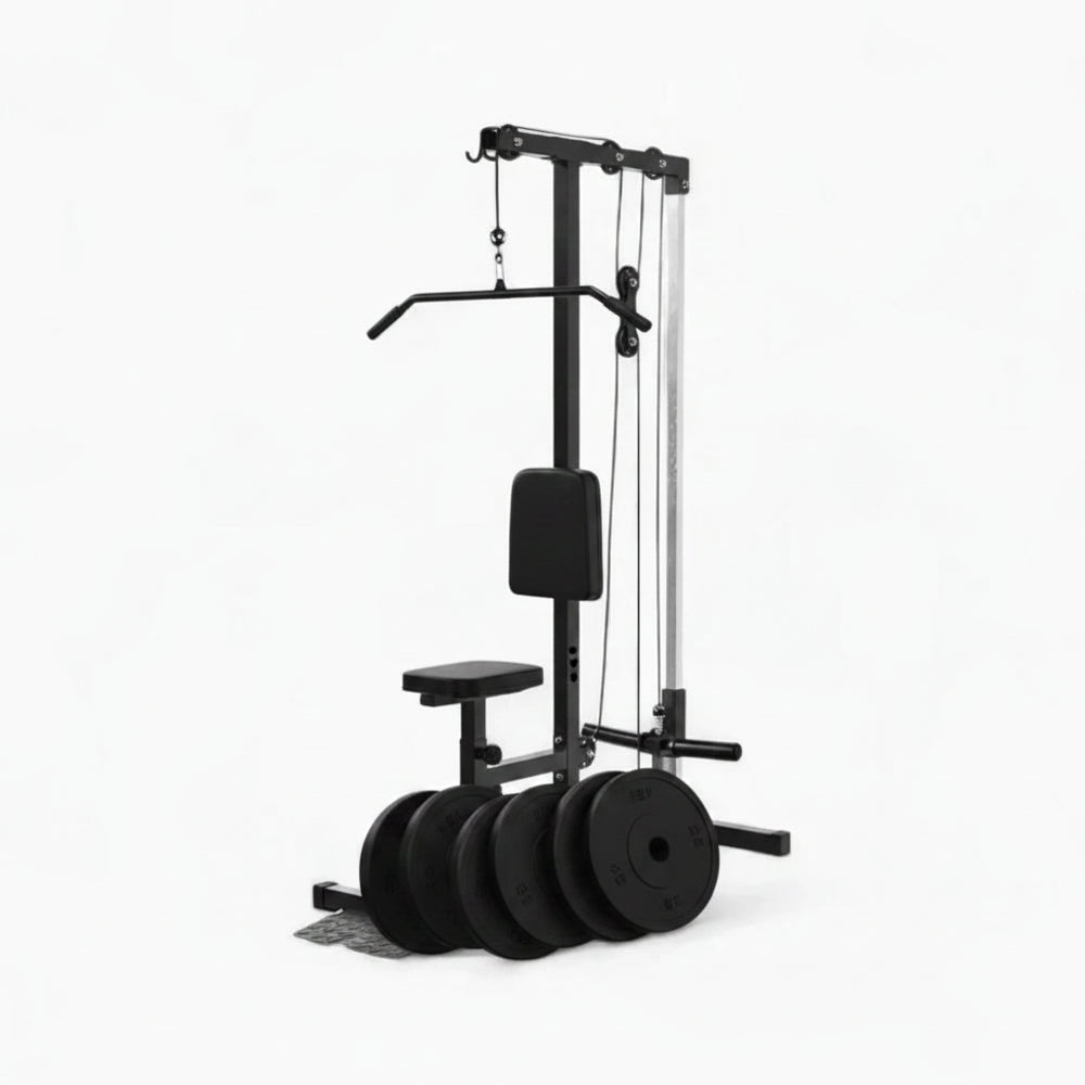 Gym machine with weight plates on a white background