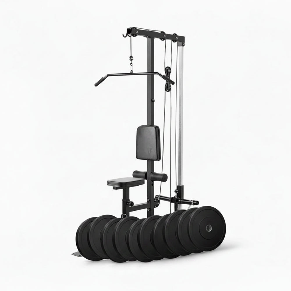 Gym machine with weight plates on a white background