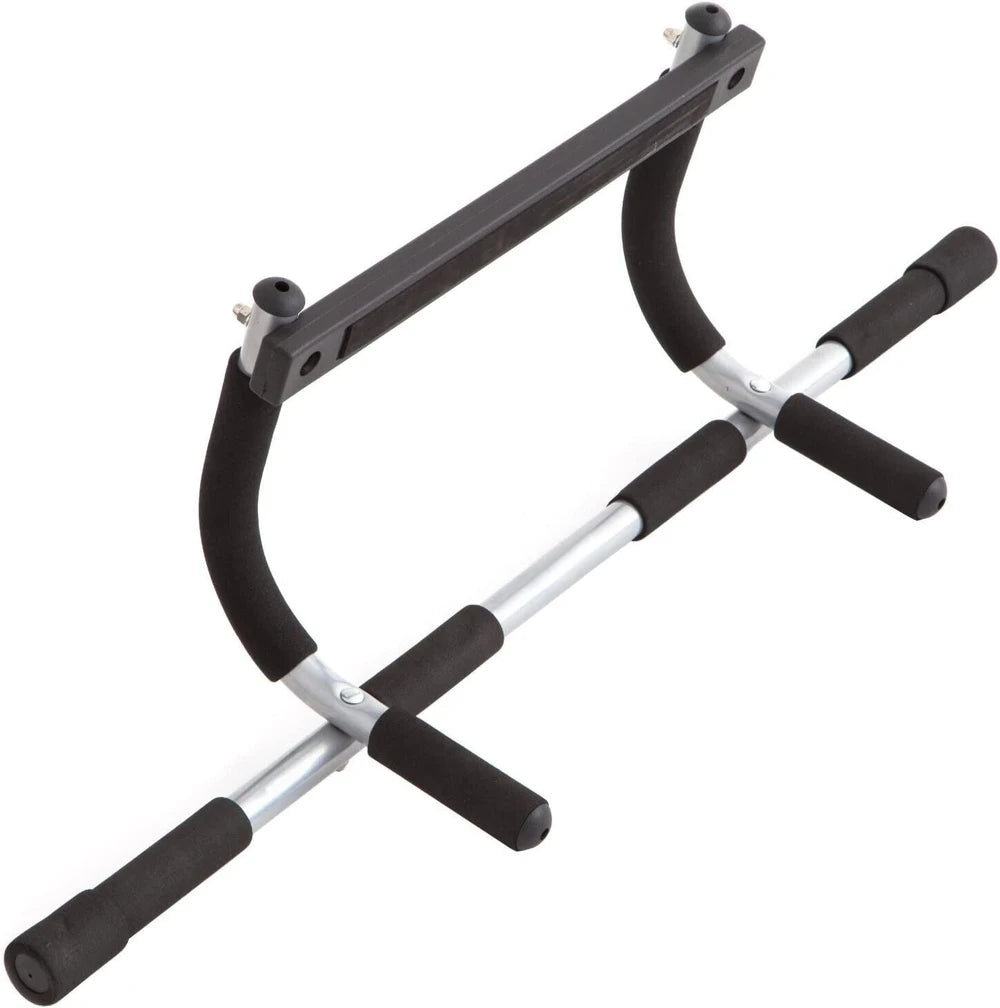 Door pull-up bar with black handles on a white background