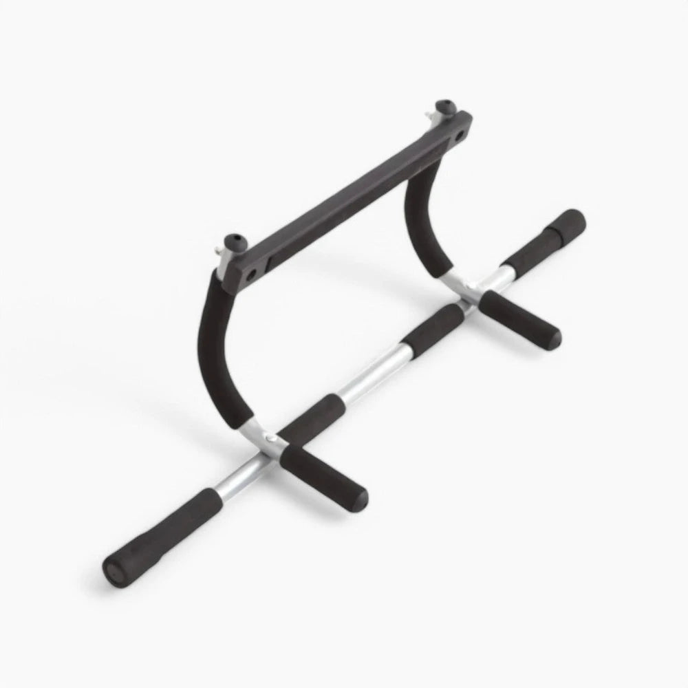 Black and silver pull-up bar on a white background