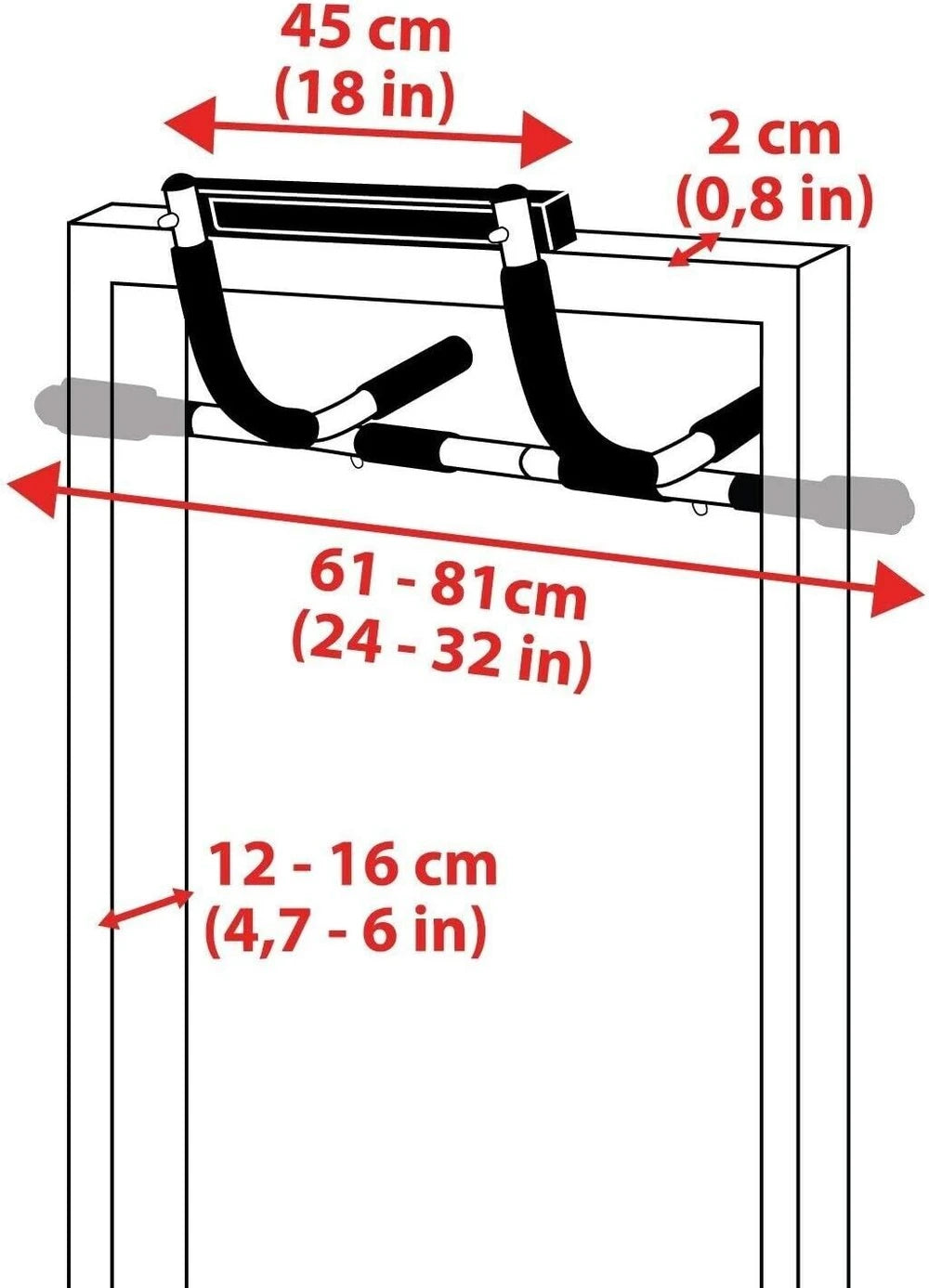 Measurement chart for a door pull up bar with dimensions labelled in centimeters and inches.