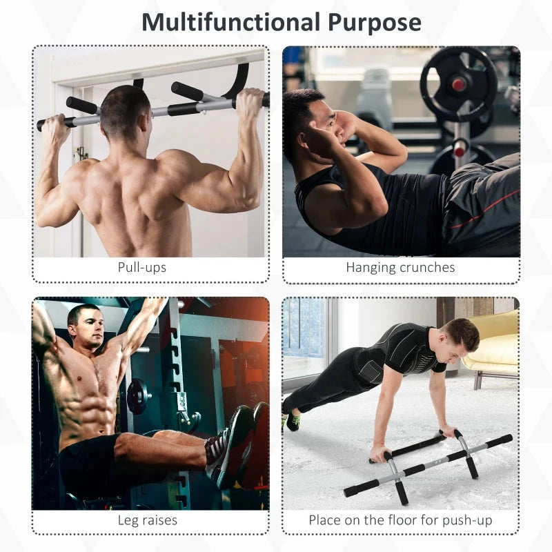 Multifunctional pull-up bar being used for various exercises in a gym setting.
