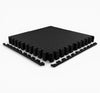 Black interlocking foam mats on a white background