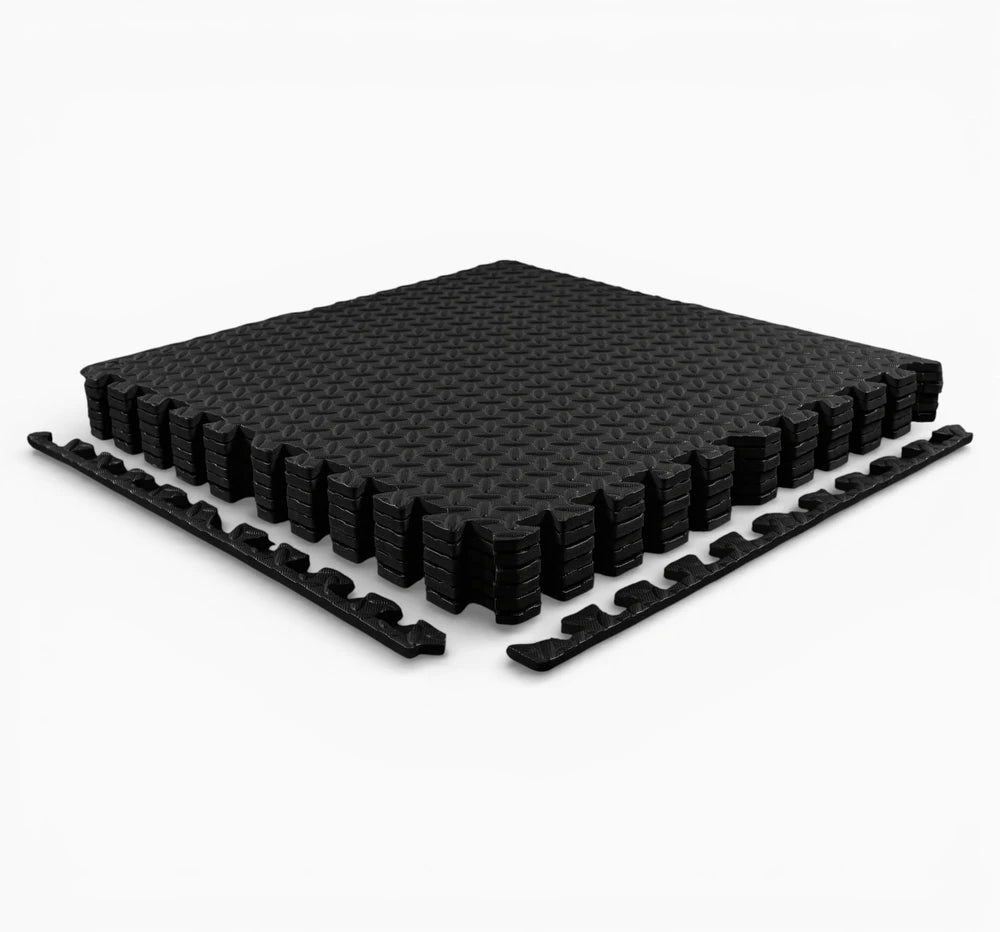 Black interlocking foam mats on a white background - Cheap Mat | Gym Superstore