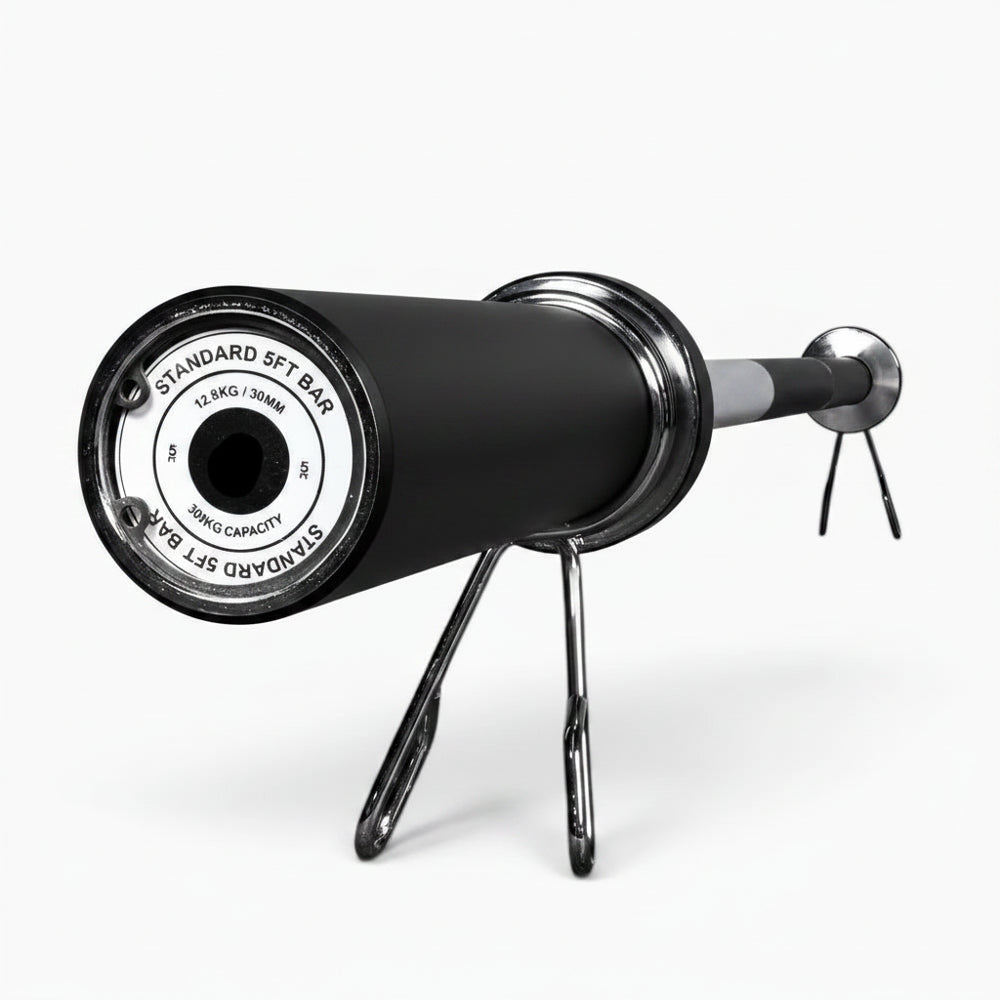 Barbell with black and silver design on a white background
