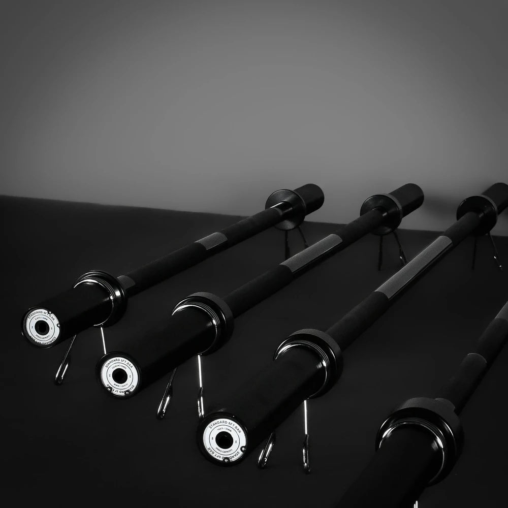 Metal barbells with circular clips on a dark background