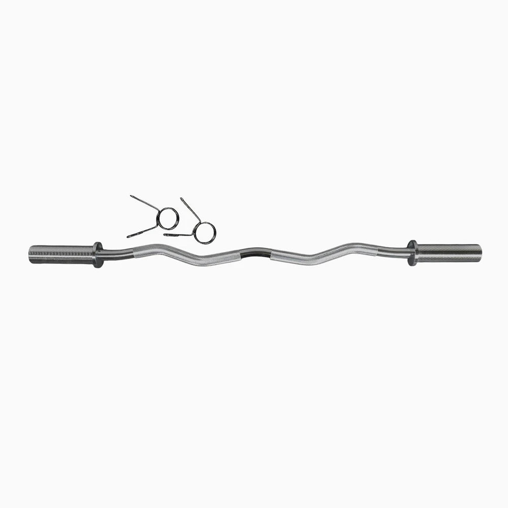 Metallic barbell on a white background with weight clips