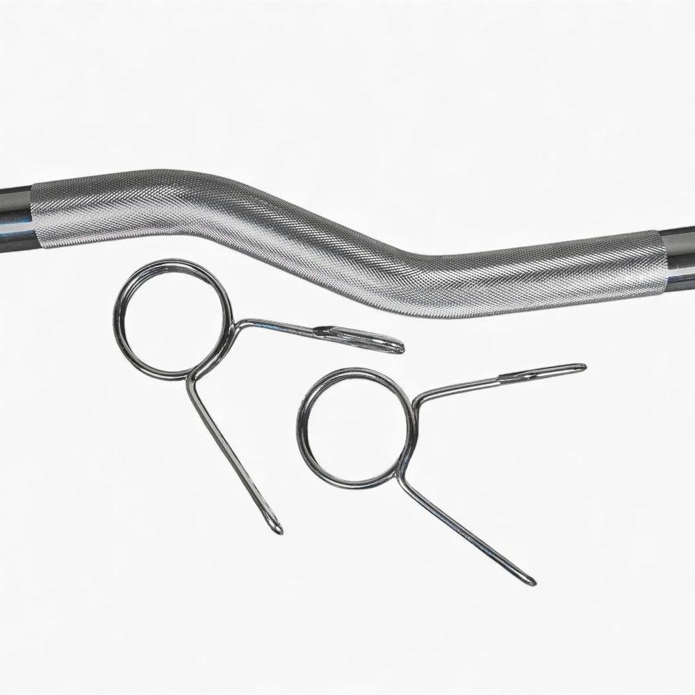 Metallic grip bar with two metal hooks on a white background