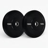 Two black weight plates on a white background