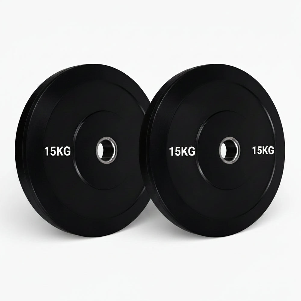Two black weight plates on a white background